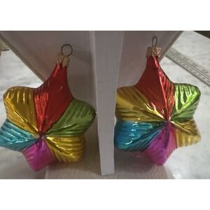 Pair Vintage Blown Glass Christmas Ornaments Six-Pointed Star Multi Color Ribbed